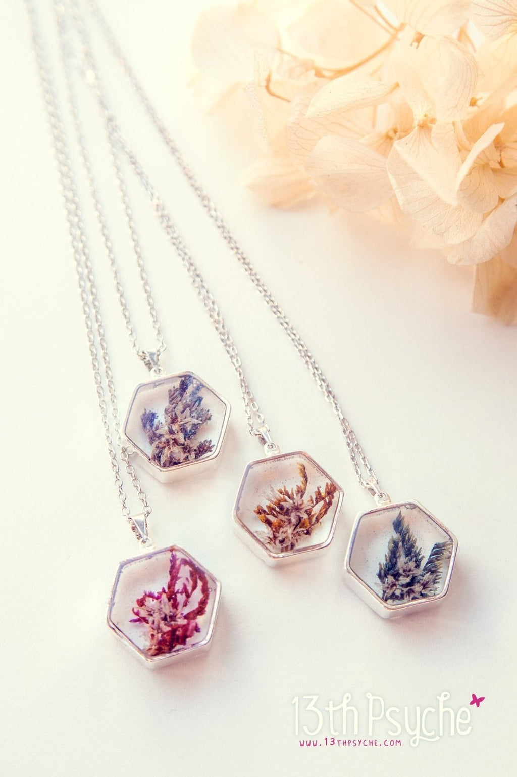 Handmade Real dried flower hexagon pendant necklace - 13th Psyche
