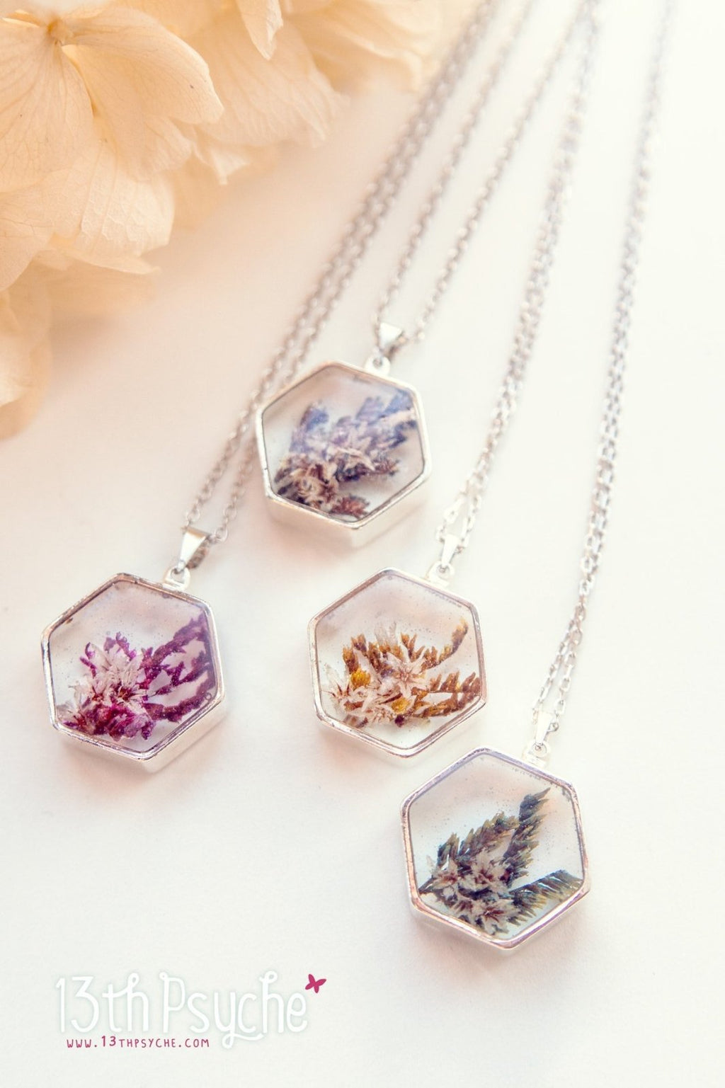 Handmade Real dried flower hexagon pendant necklace - 13th Psyche