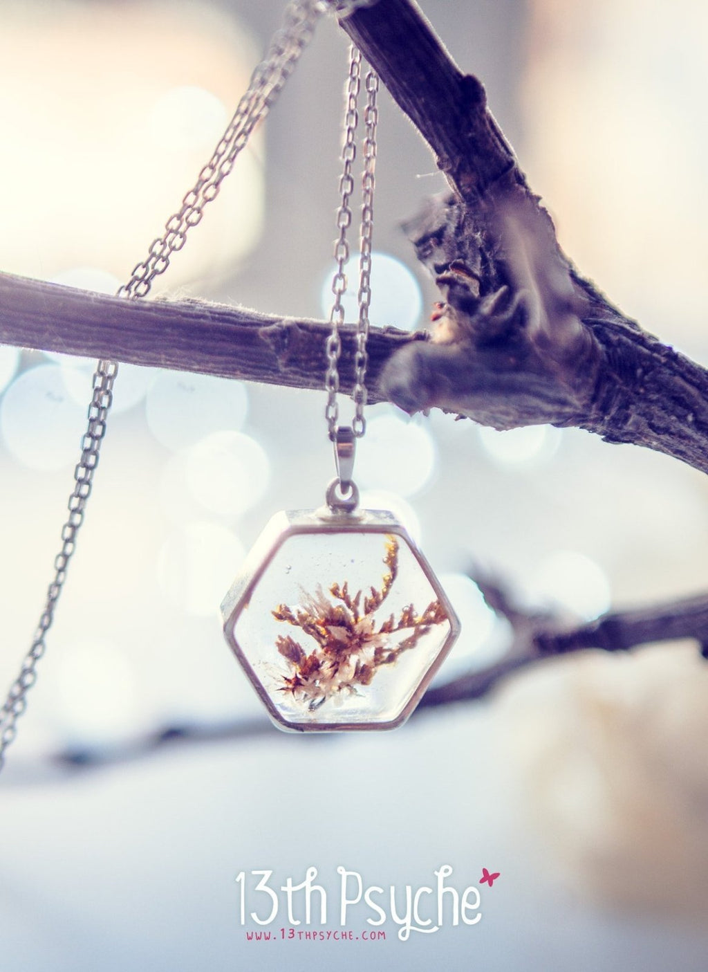 Handmade Real dried flower hexagon pendant necklace - 13th Psyche