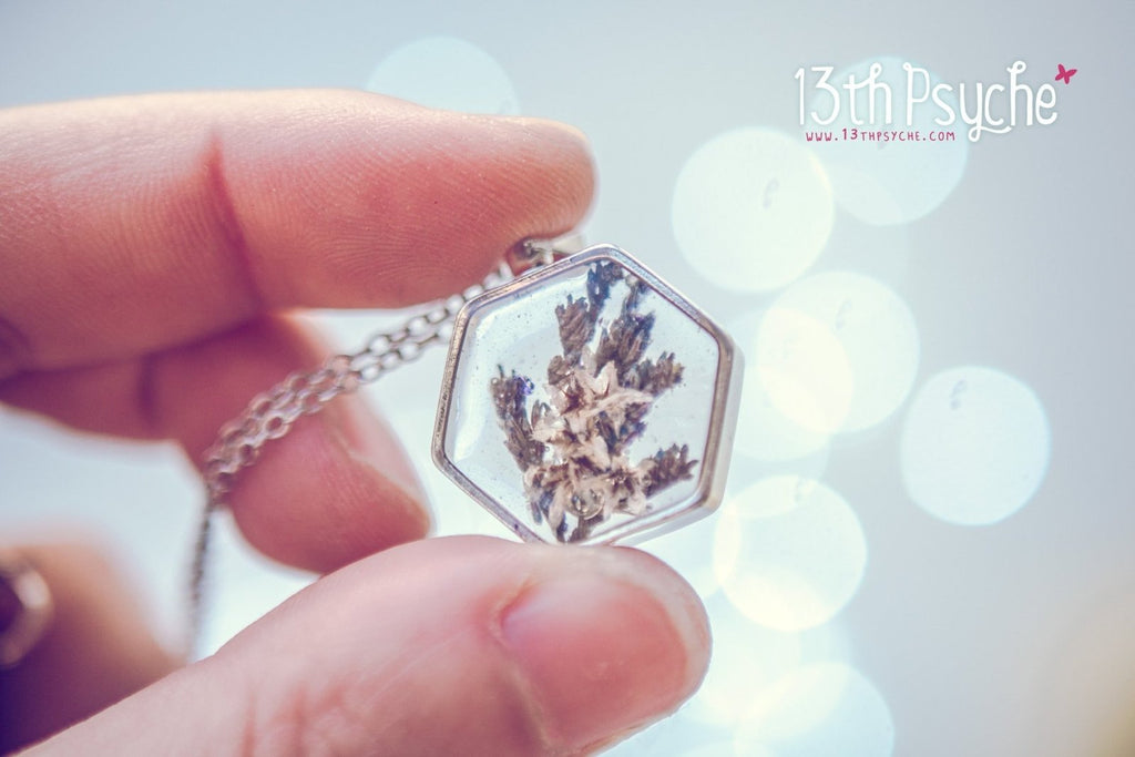 Handmade Real dried flower hexagon pendant necklace - 13th Psyche