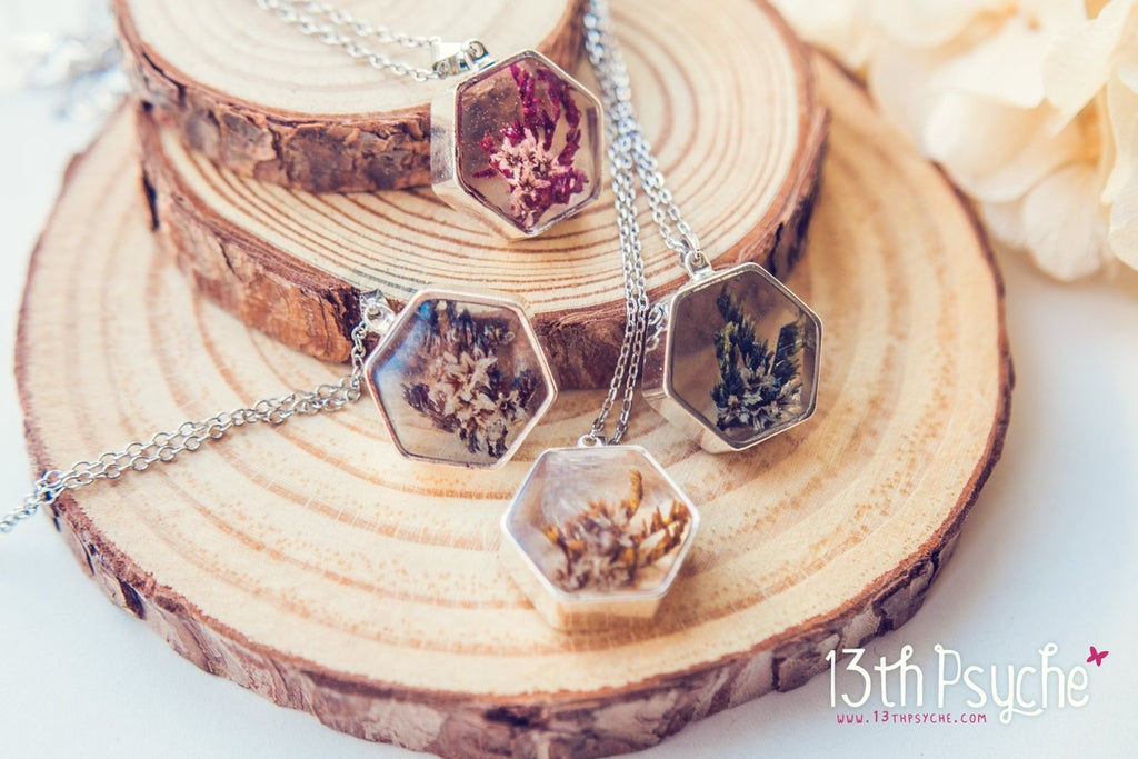 Handmade Real dried flower hexagon pendant necklace - 13th Psyche