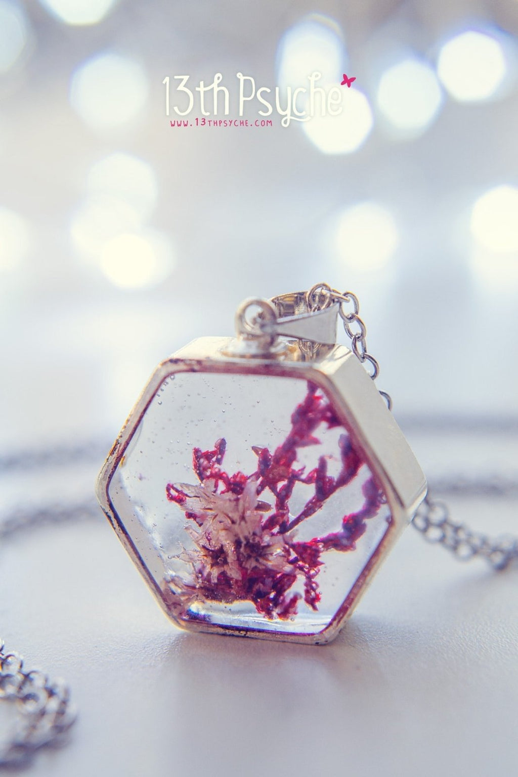Handmade Real dried flower hexagon pendant necklace - 13th Psyche