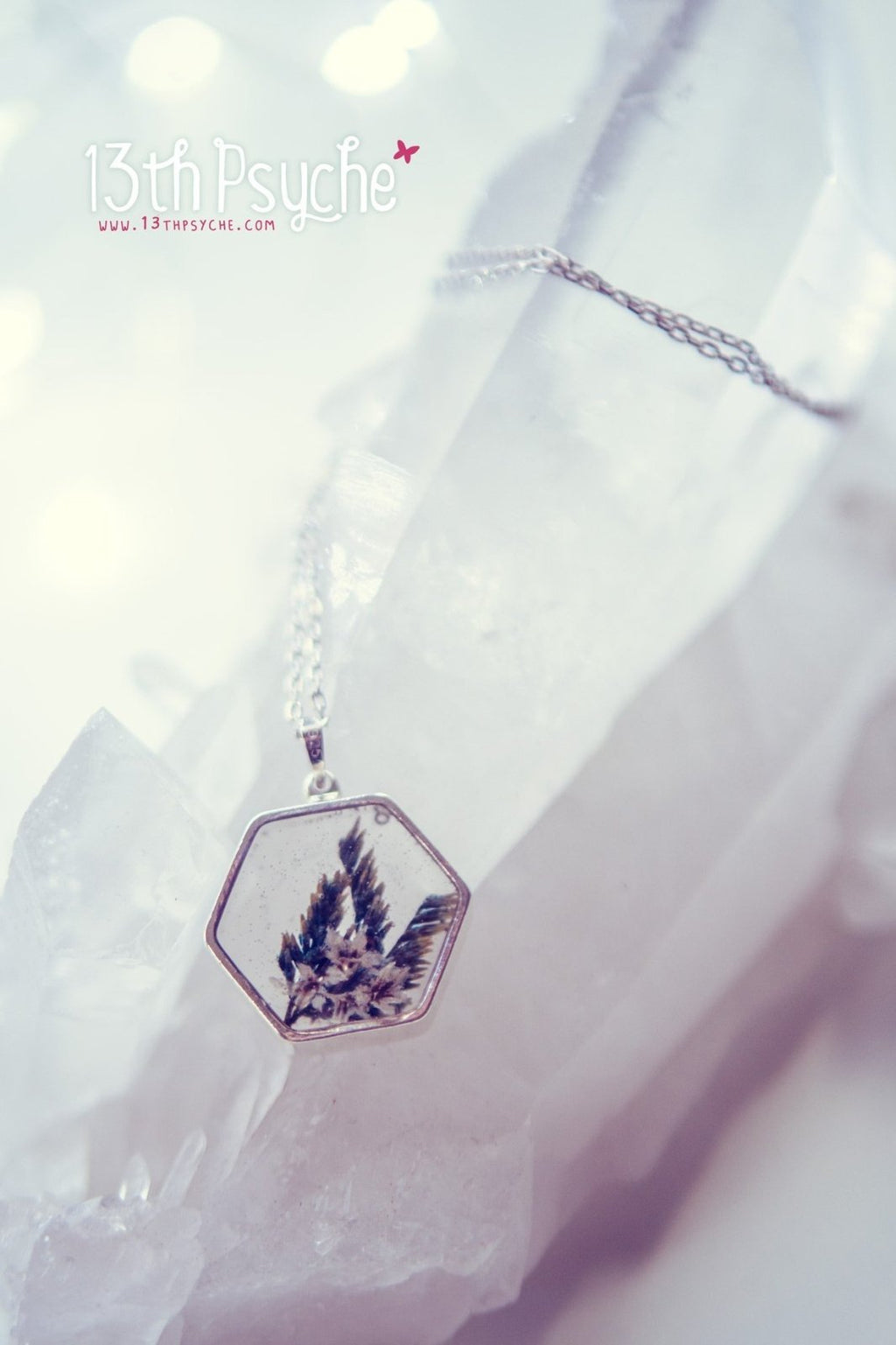 Handmade Real dried flower hexagon pendant necklace - 13th Psyche