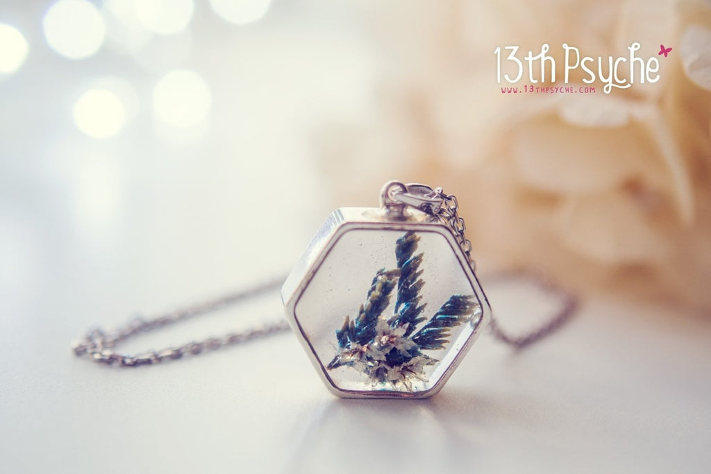 Handmade Real dried flower hexagon pendant necklace - 13th Psyche