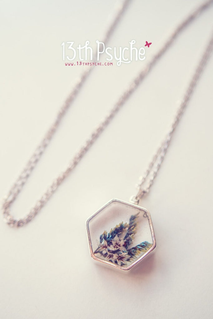 Handmade Real dried flower hexagon pendant necklace - 13th Psyche