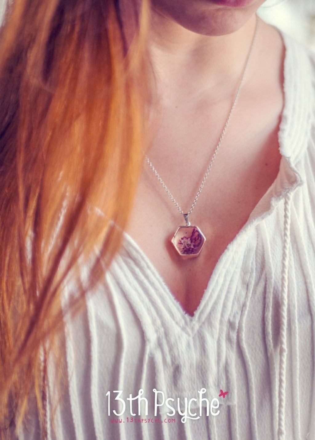 Handmade Real dried flower hexagon pendant necklace - 13th Psyche