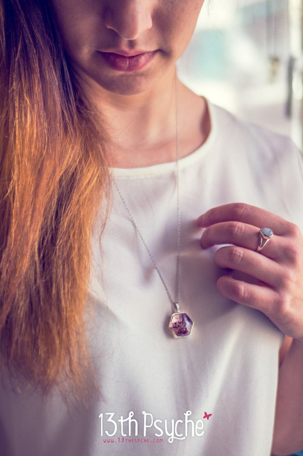 Handmade Real dried flower hexagon pendant necklace - 13th Psyche
