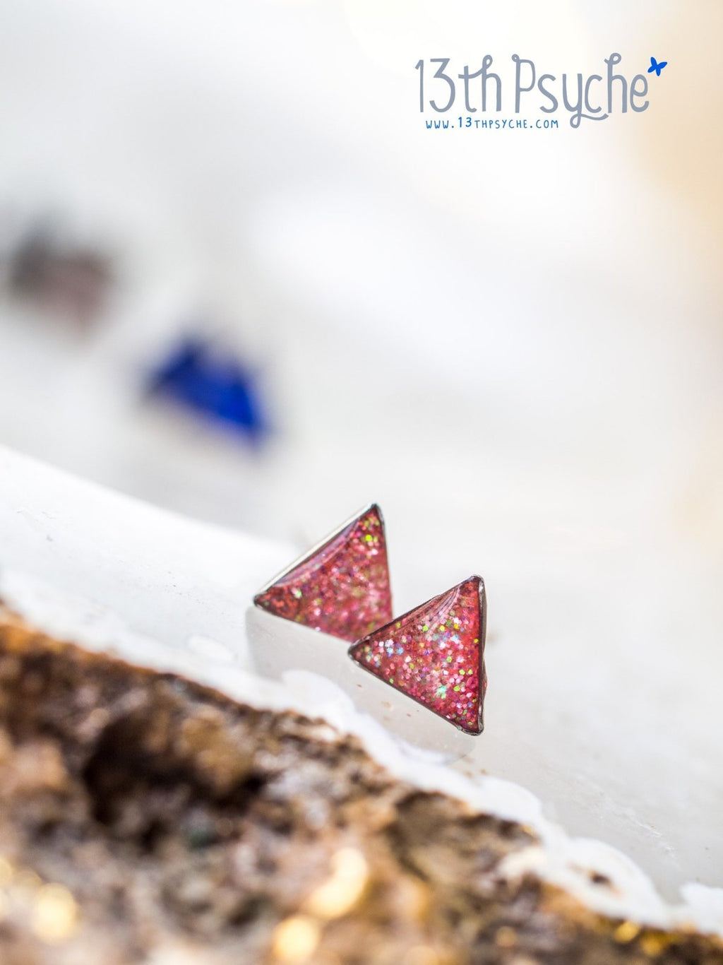 Handmade Glitter triangle stud earrings, Stainless steel - 13th Psyche