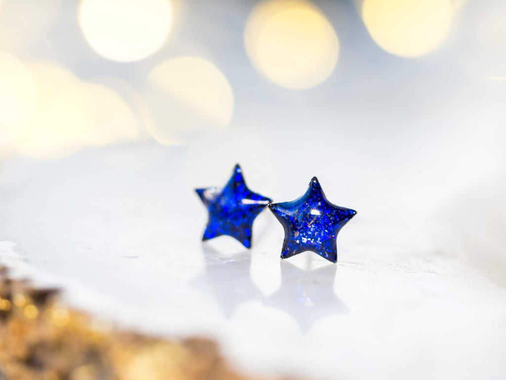 Handmade Glitter star stud earrings, Stainless steel - 13th Psyche