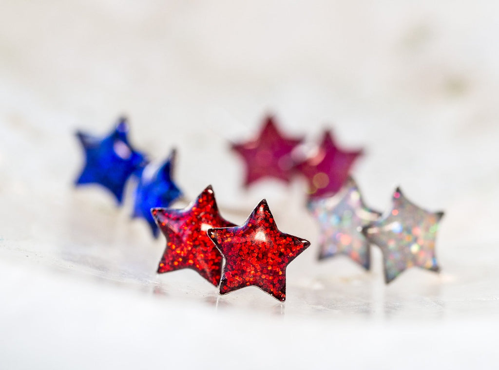 Handmade Glitter star stud earrings, Stainless steel - 13th Psyche