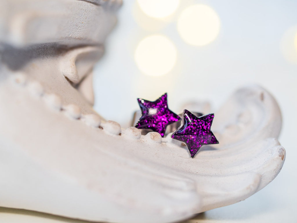Handmade Glitter star stud earrings, Stainless steel - 13th Psyche