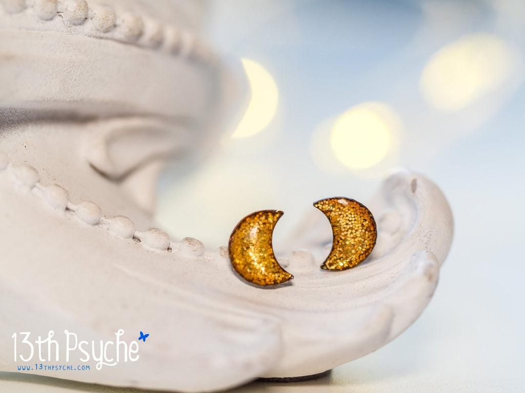 Handmade Glitter crescent moon stud earrings, Stainless steel - 13th Psyche