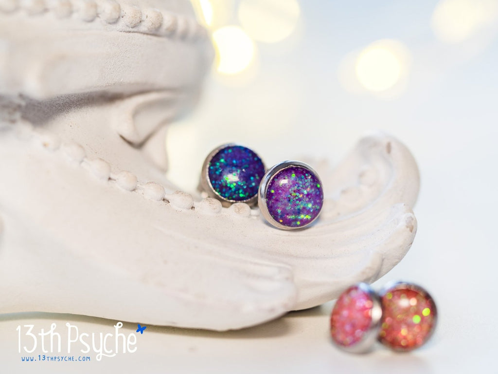 Handmade Glitter button stud earrings, Stainless steel - 13th Psyche