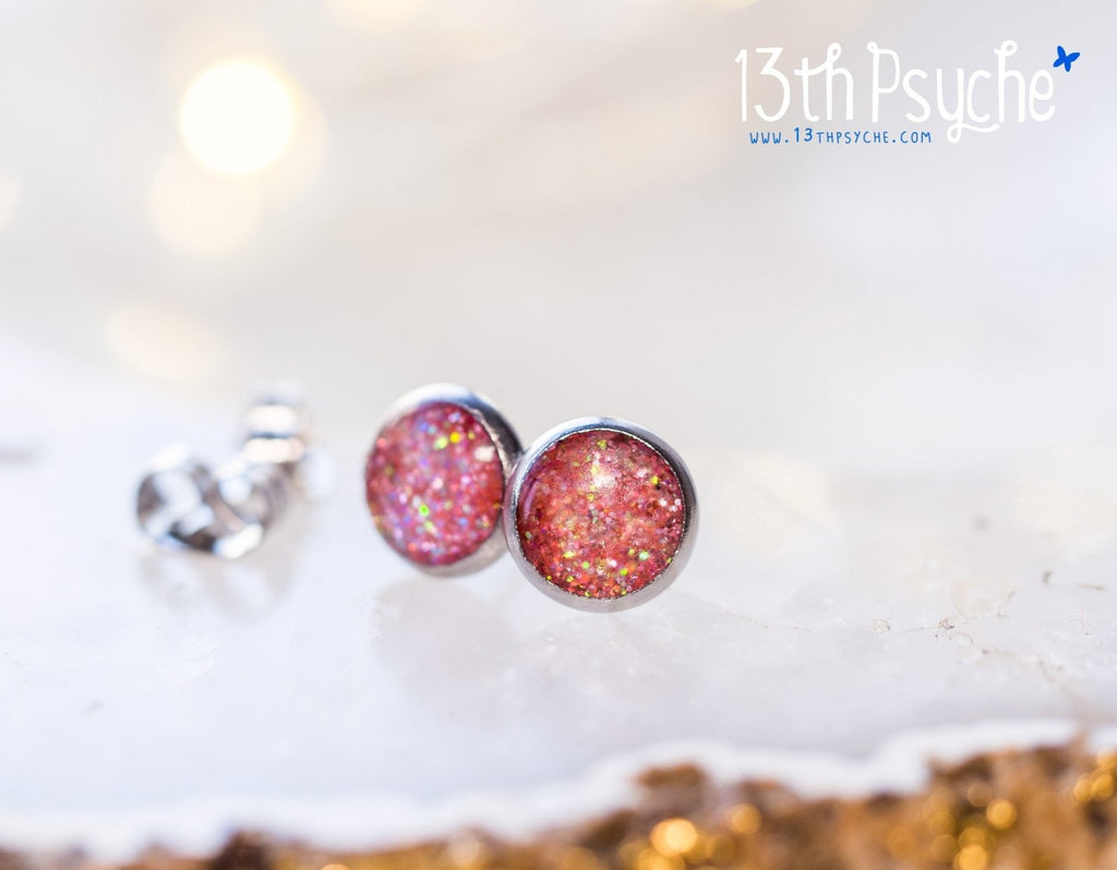 Handmade Glitter button stud earrings, Stainless steel - 13th Psyche