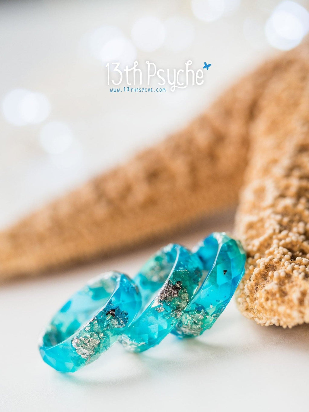 Handmade Clear blue and turquoise faceted resin ring with silver flakes - 13th Psyche