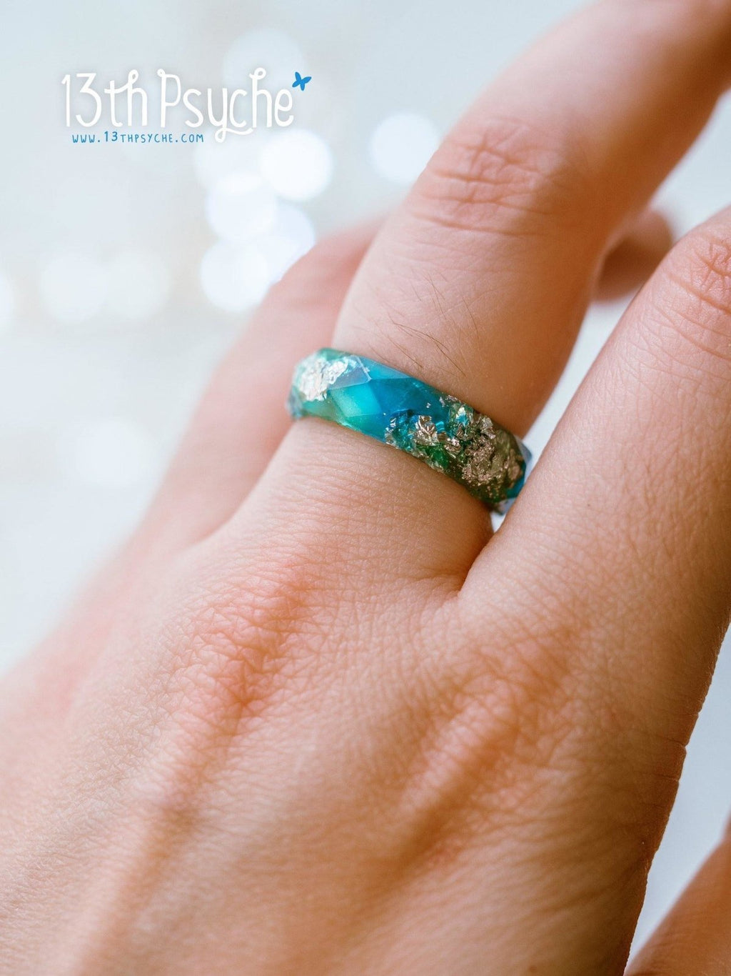 Handmade Clear blue and turquoise faceted resin ring with silver flakes - 13th Psyche