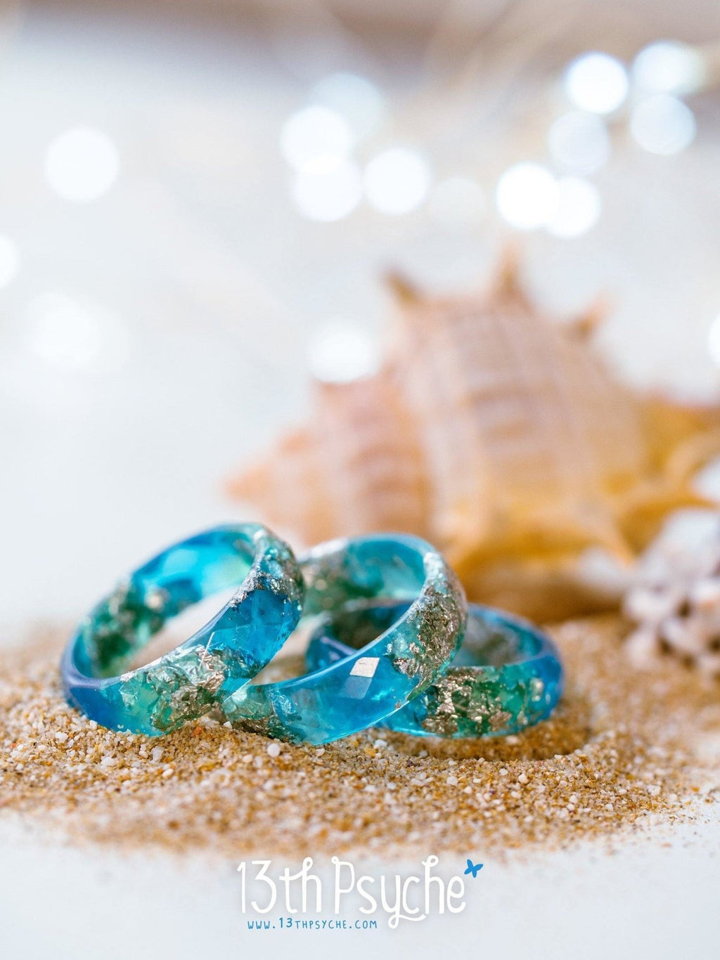 Handmade Clear blue and turquoise faceted resin ring with silver flakes - 13th Psyche