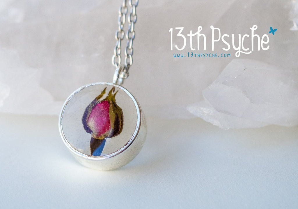 Handmade Dried rose bud resin necklace - 13th Psyche