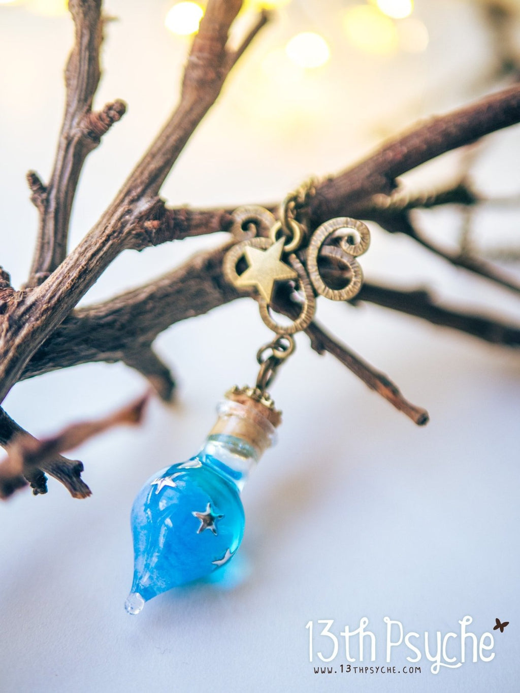 Handmade Glow in the dark blue teardrop vial pendant necklace - 13th Psyche