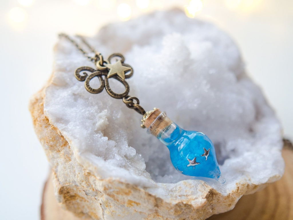 Handmade Glow in the dark blue teardrop vial pendant necklace - 13th Psyche