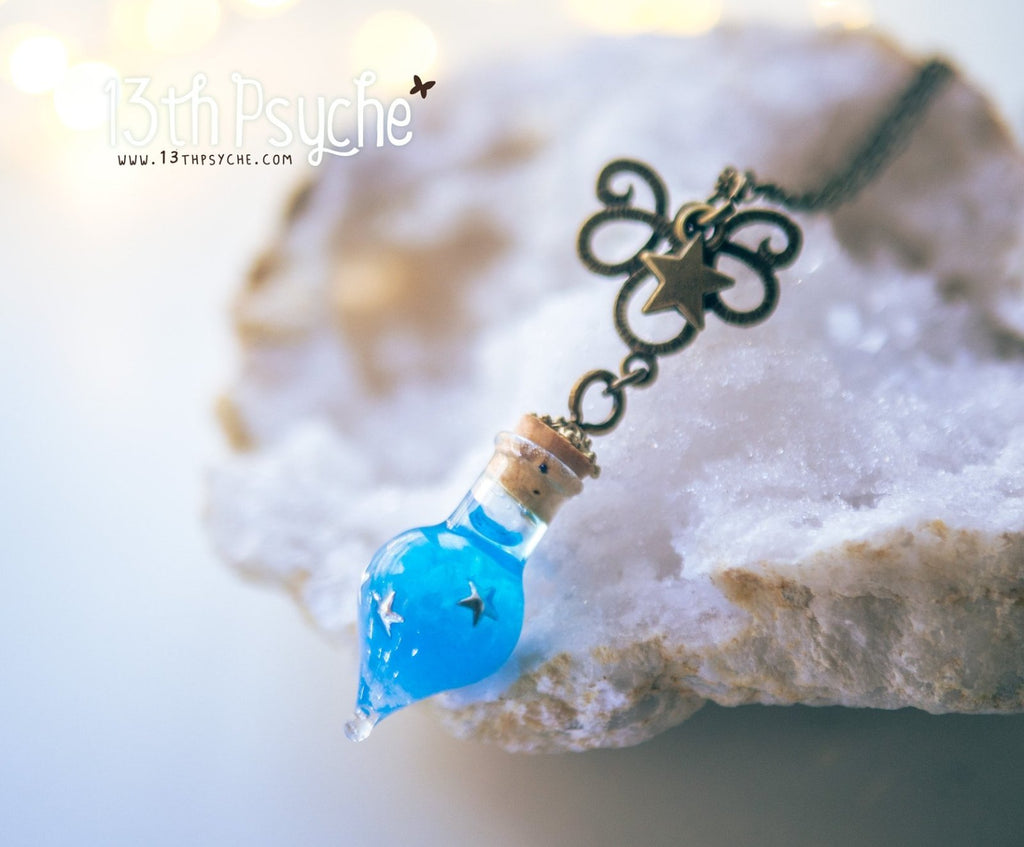 Handmade Glow in the dark blue teardrop vial pendant necklace - 13th Psyche