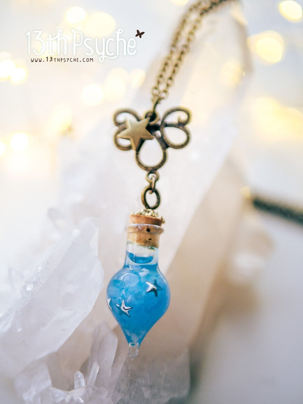 Handmade Glow in the dark blue teardrop vial pendant necklace - 13th Psyche