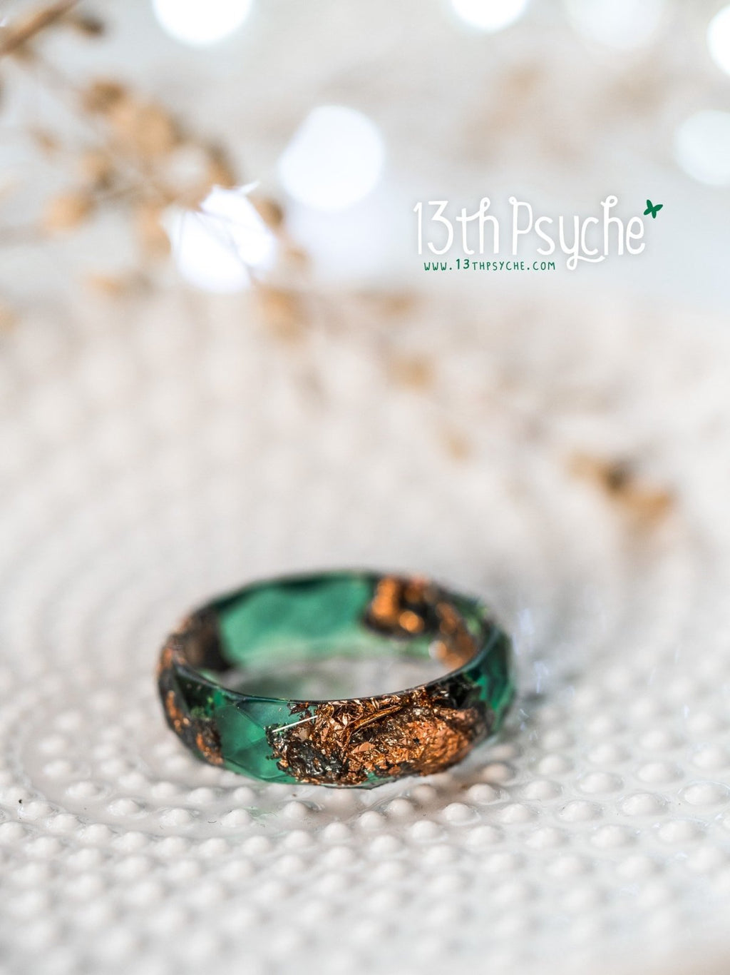 Handmade Dark green and rose gold flakes faceted resin ring - 13th Psyche