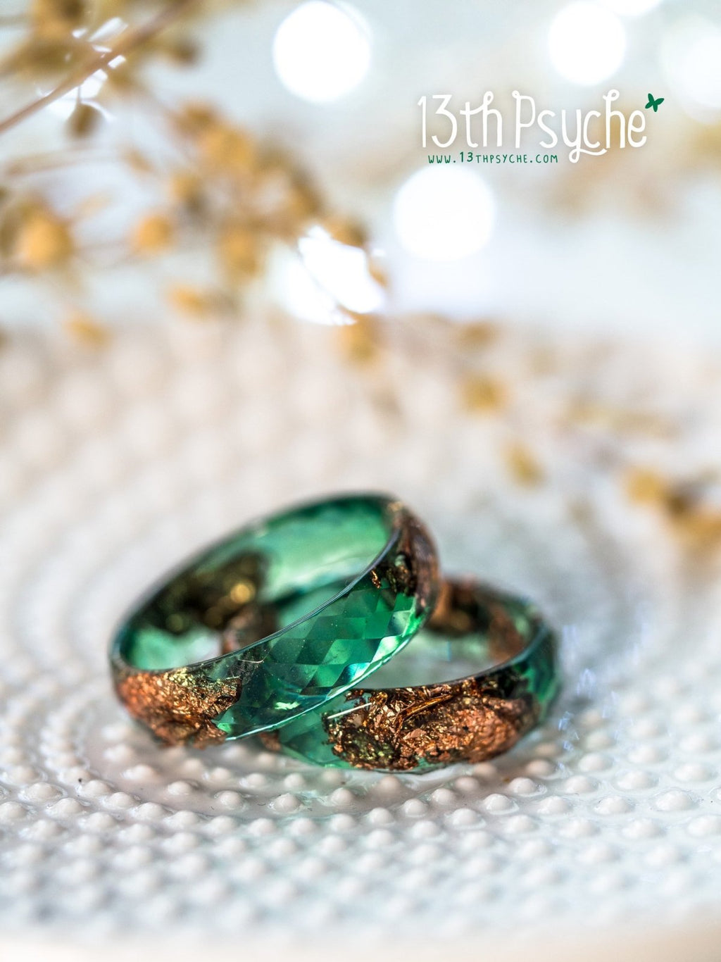 Handmade Dark green and rose gold flakes faceted resin ring - 13th Psyche