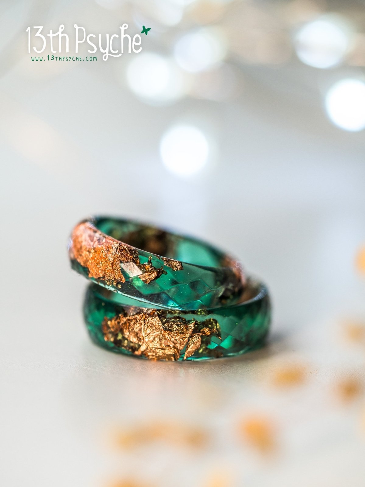 Dark green and rose gold flakes faceted resin ring