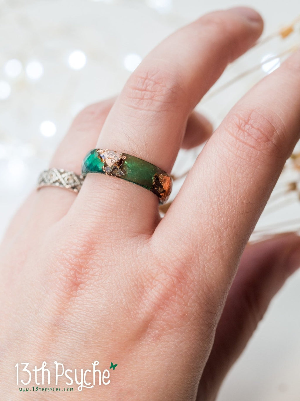 Handmade Dark green and rose gold flakes faceted resin ring - 13th Psyche