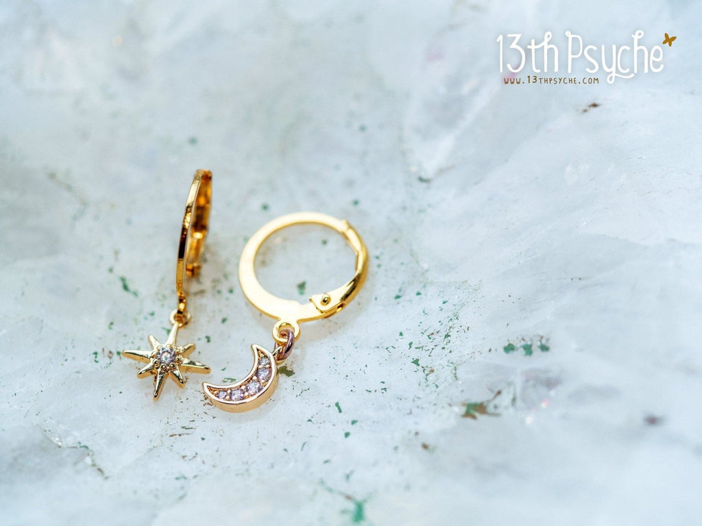 Handmade Cubic Zirconia moon and star gold huggie hoop earrings - 13th Psyche
