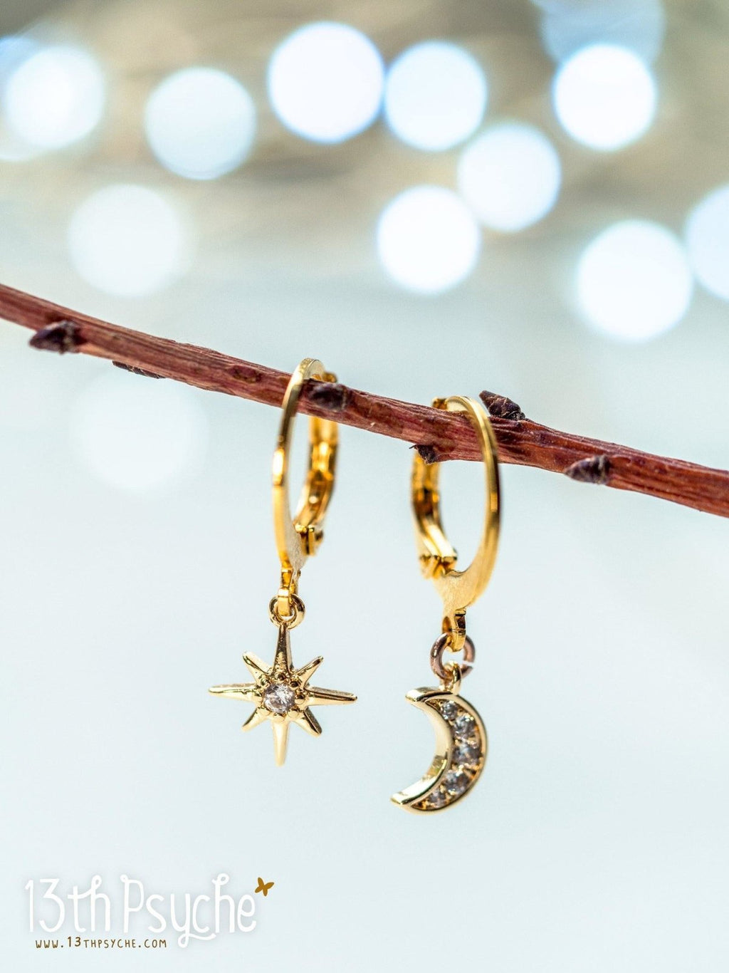 Handmade Cubic Zirconia moon and star gold huggie hoop earrings - 13th Psyche