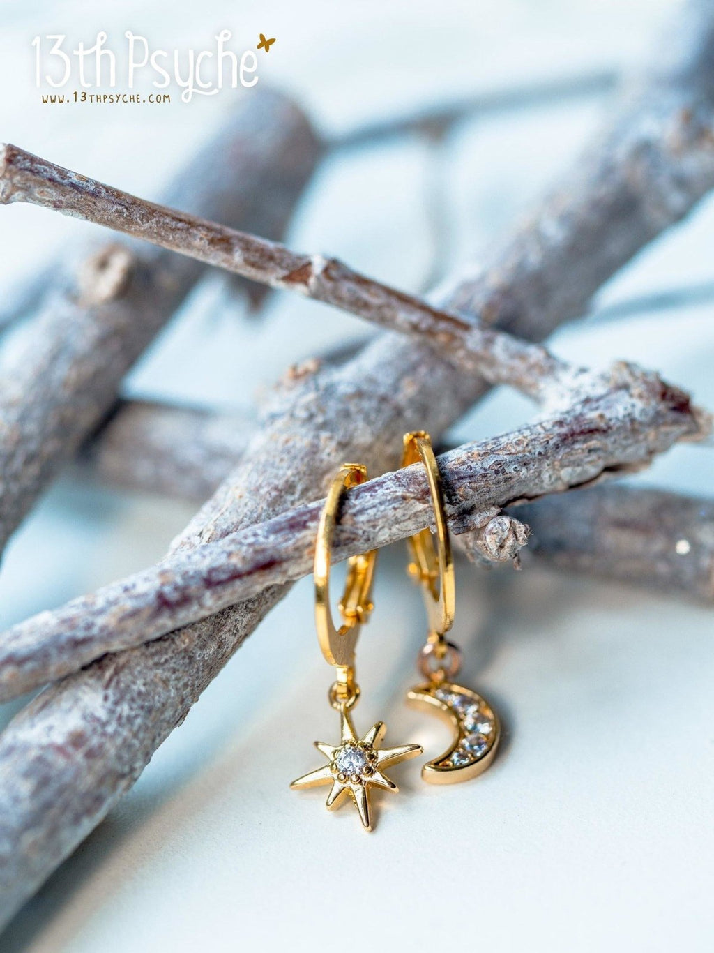 Handmade Cubic Zirconia moon and star gold huggie hoop earrings - 13th Psyche