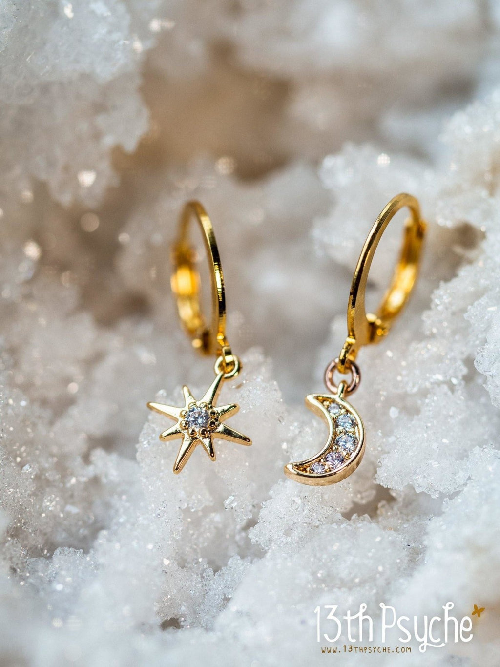 Handmade Cubic Zirconia moon and star gold huggie hoop earrings - 13th Psyche