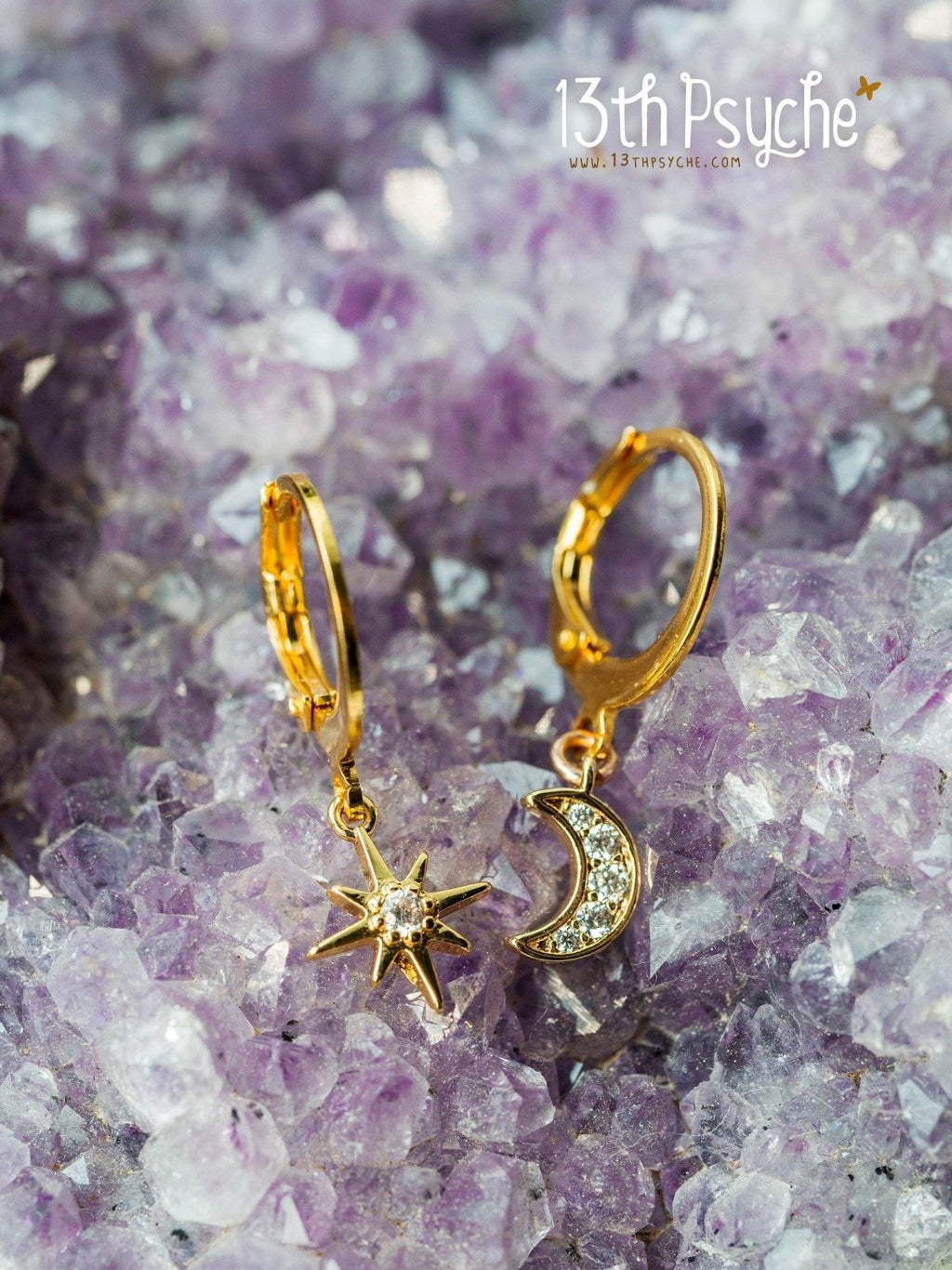 Handmade Cubic Zirconia moon and star gold huggie hoop earrings - 13th Psyche