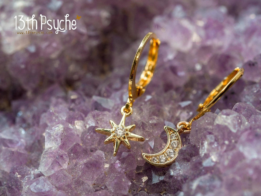 Handmade Cubic Zirconia moon and star gold huggie hoop earrings - 13th Psyche