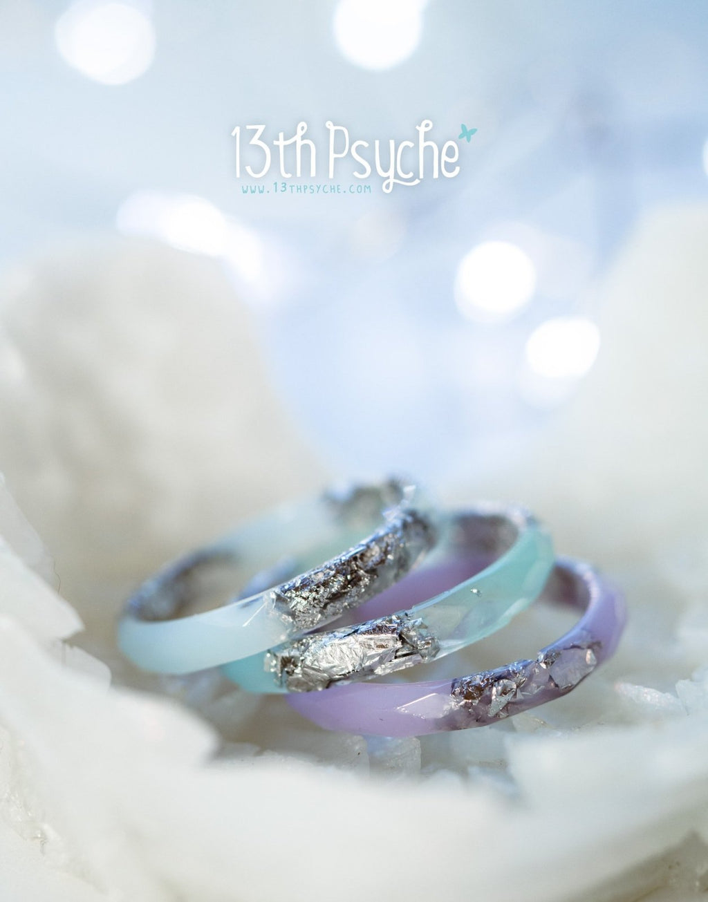 Handmade Pastel blue, purple and mint with silver flakes faceted resin ring set of 3 - 13th Psyche