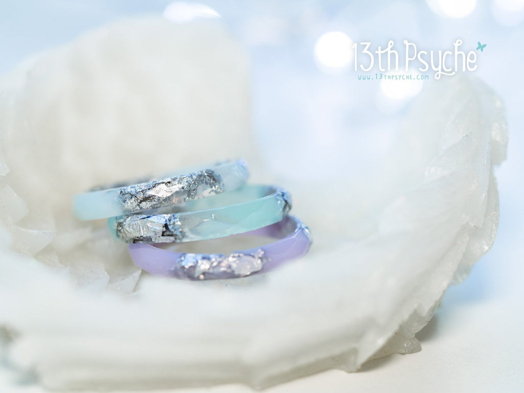Handmade Pastel blue, purple and mint with silver flakes faceted resin ring set of 3 - 13th Psyche