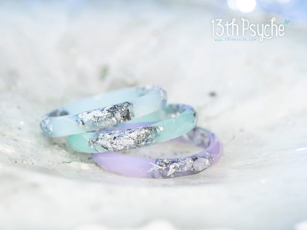 Handmade Pastel blue, purple and mint with silver flakes faceted resin ring set of 3 - 13th Psyche