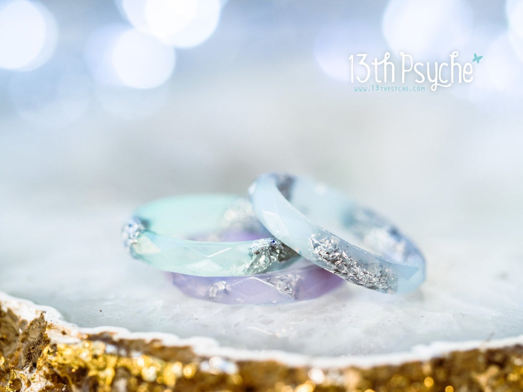 Handmade Pastel blue, purple and mint with silver flakes faceted resin ring set of 3 - 13th Psyche