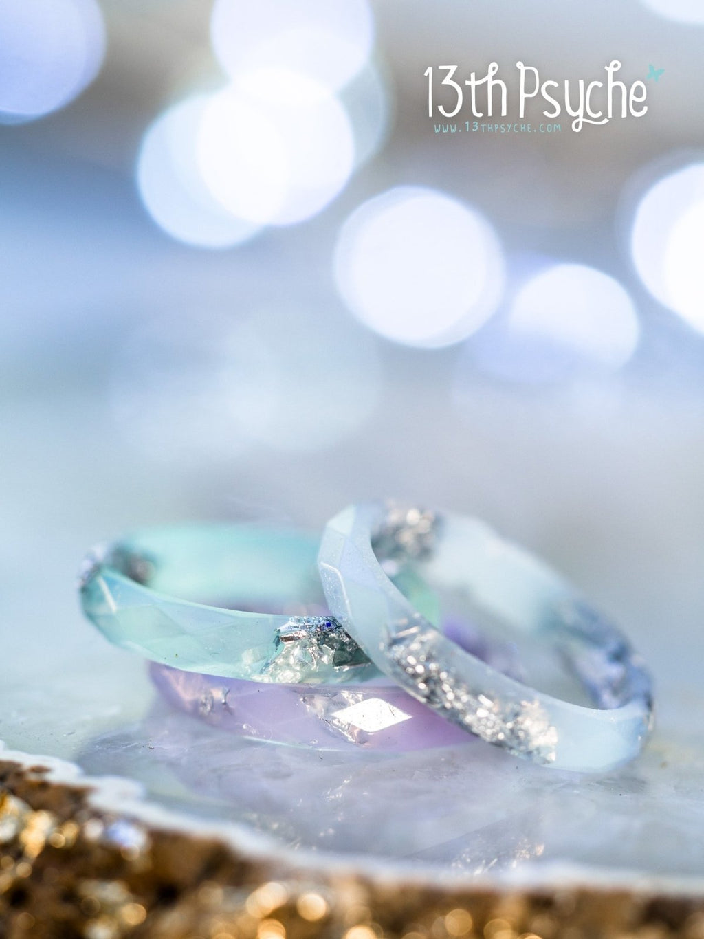 Handmade Pastel blue, purple and mint with silver flakes faceted resin ring set of 3 - 13th Psyche