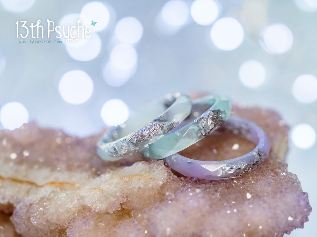 Handmade Pastel blue, purple and mint with silver flakes faceted resin ring set of 3 - 13th Psyche