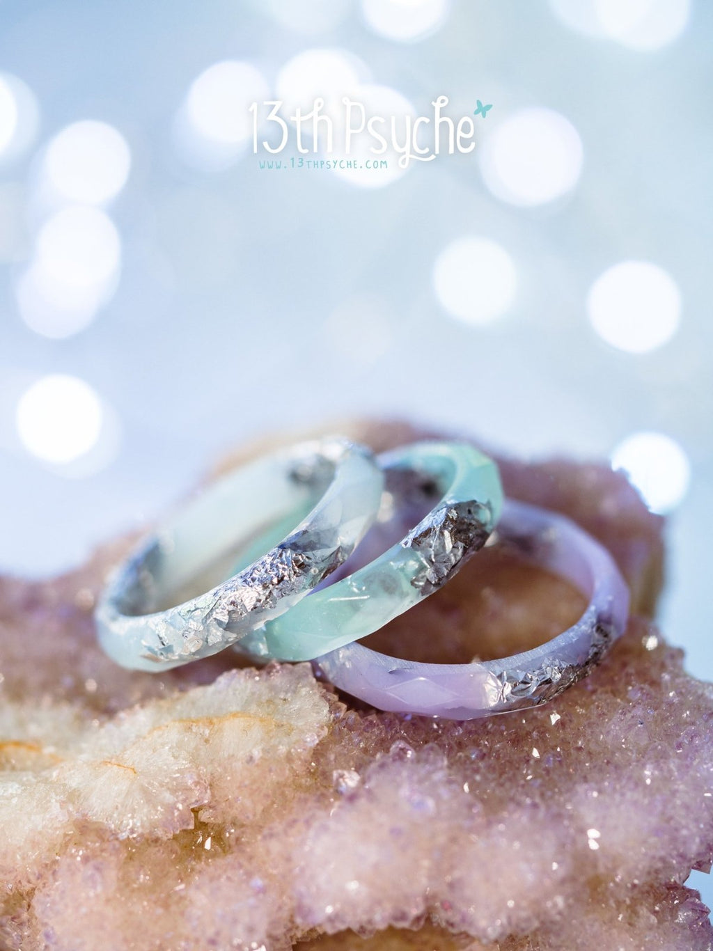 Handmade Pastel blue, purple and mint with silver flakes faceted resin ring set of 3 - 13th Psyche