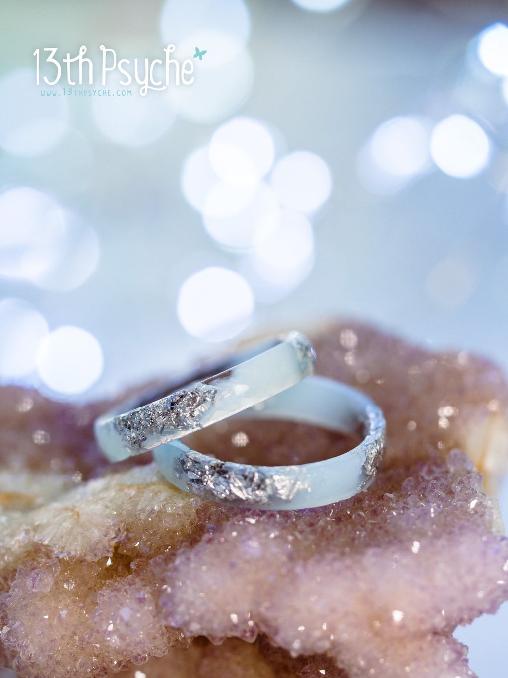 Handmade Pastel blue faceted resin ring with silver flakes - 13th Psyche