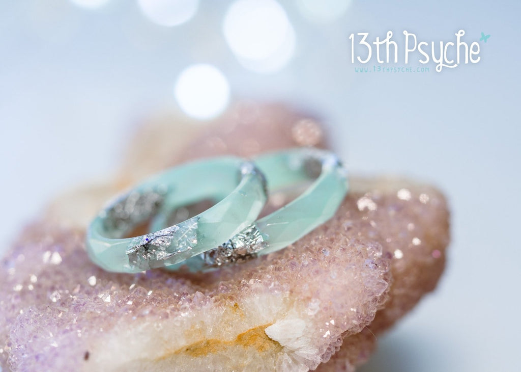 Handmade Pastel green mint and silver flakes faceted resin ring - 13th Psyche