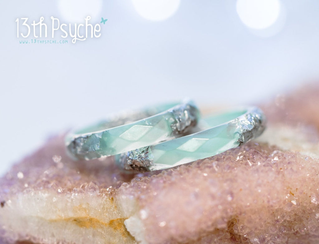 Handmade Pastel green mint and silver flakes faceted resin ring - 13th Psyche