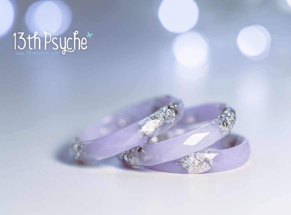 Handmade Pastel lilac faceted resin ring with silver flakes - 13th Psyche
