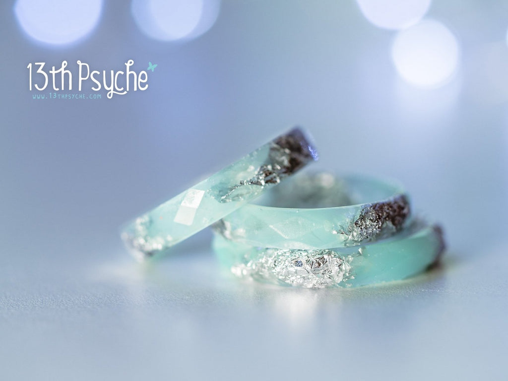 Handmade Pastel green mint and silver flakes faceted resin ring - 13th Psyche