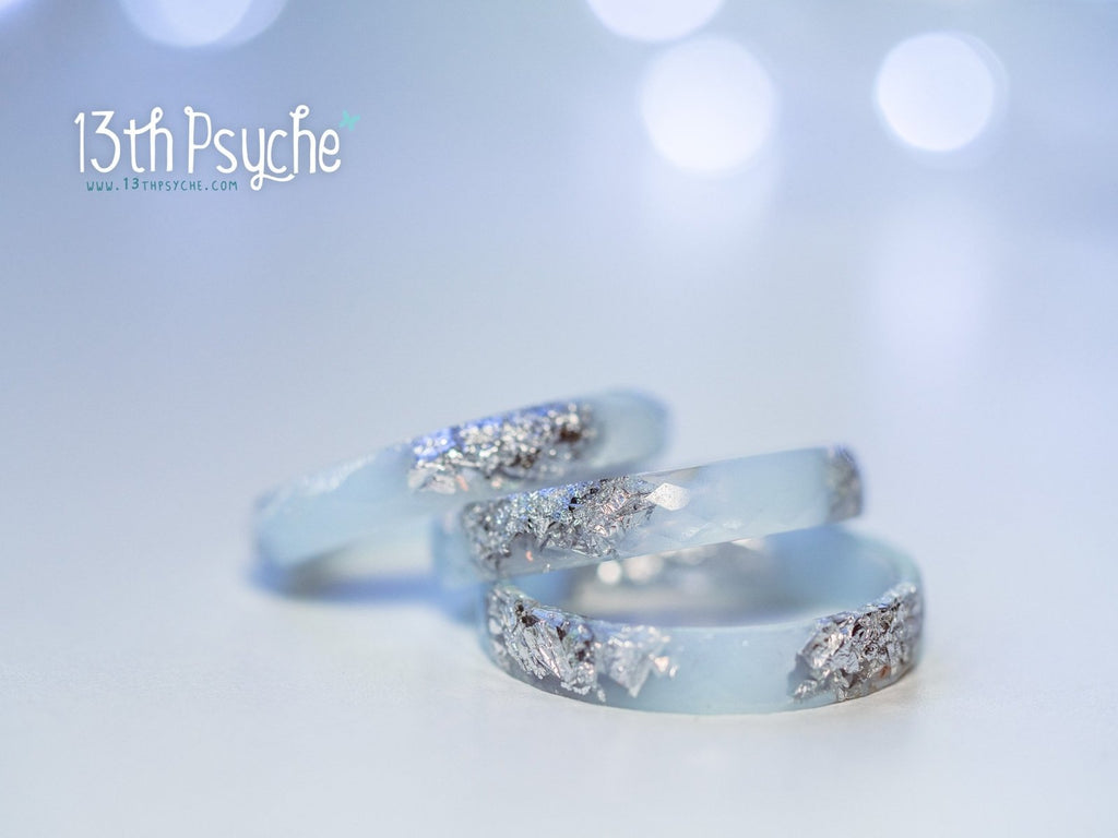 Handmade Pastel blue faceted resin ring with silver flakes - 13th Psyche