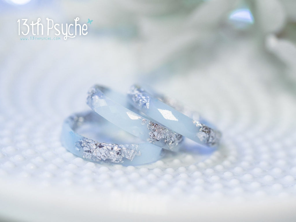 Handmade Pastel blue faceted resin ring with silver flakes - 13th Psyche